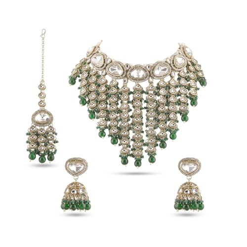 Image of Rubans Necklace Maangtikka Set Gold Plated Kundan & Pearl Jewellery Gift for Women & Girls