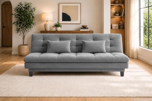 Image of 3 Seater Velvet Sofa Cum Bed, Tufted Convertible Sleeper Couch, Space-Saving Design Comfortable Cushioned Seating - Grey Color