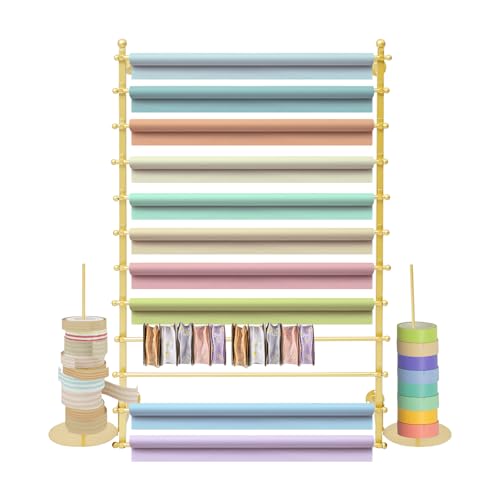 Ribbon Storage Organizer, Wall Mounted Ribbon Organizer, 12-Tier Metal Gift Wrapping Paper Rack, Spool Tie Scarf Hijab Belt Towel Hanger, for Home, Craft Room, Flower Shop, Gold, 31.5in Wide