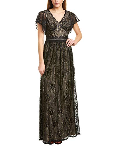 Adrianna Papell Women's Metallic LACE Long Dress, Black Gold, 12