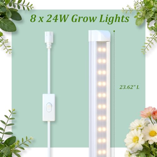 Image of Plant Shelf with Grow Light, DIY 6-Tier Plant Stand with Grow Light, Adjustable Rack and Wheels, 8 Pack 24 inch 192W T8 Full Spectrum Grow Lamp for Indoor Plants, Seed Starting, Vegetable, 29 inchx13.5 inchx73.5 inch