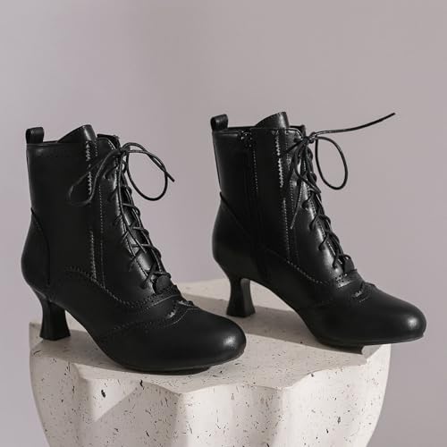 KysBloes Vintage Victorian Boots for Women Kitten Heel Ankle Boots Lace Up Low Heel Witch Shoes Oxford Wingtip Boots(1-Black,US size 8.5)4
