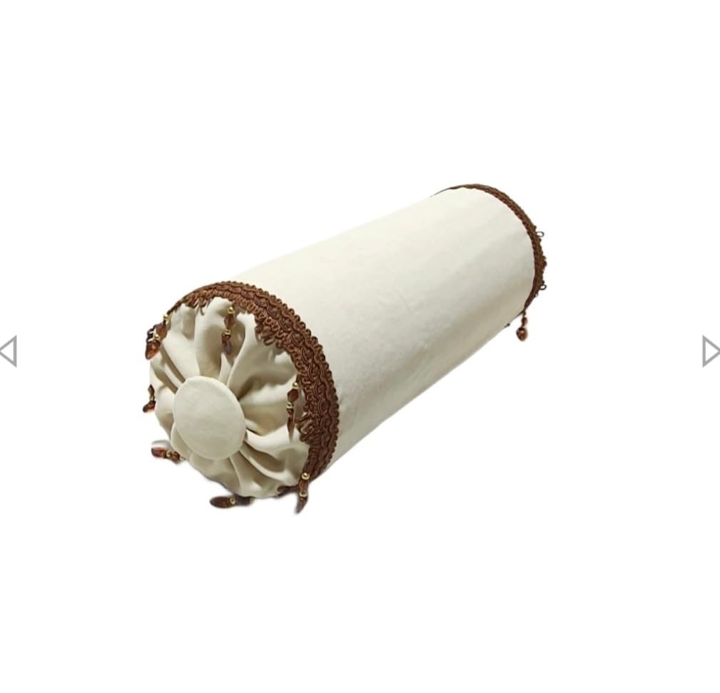 Poduszka Jednokolorowa Poduszka Dekoracyjna Wałek Jasny Beż Welur z Brązową Lamówką 40cm Ozdobna Poduszka Wałek, Kremowa z Brązową Lamówką, 40 cm