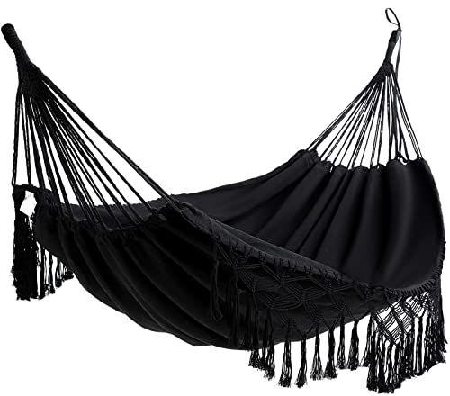 Hamac double pour la maison, l'intérieur et l'extérieur, hamac bohème en macramé, grand hamac en coton doux pour deux personnes, patio, jardin, porche, pelouse et jardin (noir, charge : 226,8 kg)