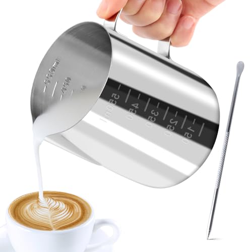 JOPHEK Jarra Leche Barista 304 Acero Inoxidable, Jarra de Espuma de Leche, Jarra de Leche con Medición e Lápiz Decorador Para Espresso, Taza de Café para Espumar, Jarra Cafe para Espresso (600ML)