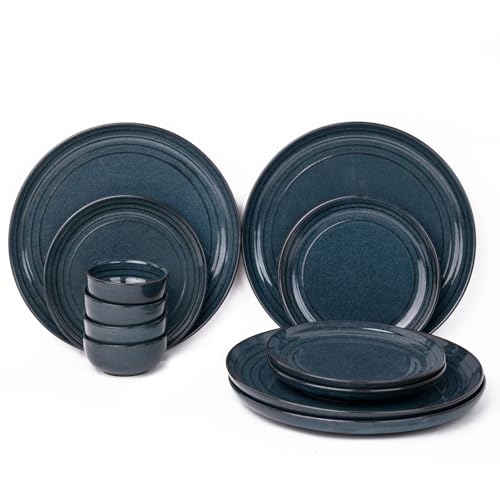 Image of Bodhi House Handcrafted Chip Resistance Porcelain Dinner Set, 12 Pieces Dish Set Serving for 4, Microwave and Dishwasher Safe, Bone-ash Free, Crockery Set for Dining and Gifting, Sapphire Blue