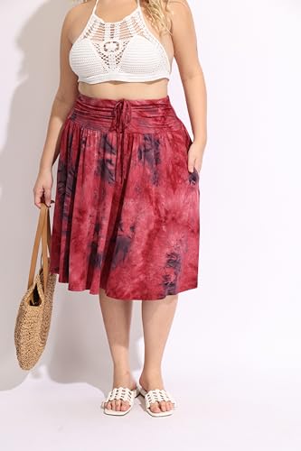 TIYOMI Women Plus Size Skirts Stretchy Waist Hidden Drawstring Zipper Midi Skirt 2 Ways to Wear As A Tube Top Tie Dye Fall Autumn Winter Long Skirts Red XL3