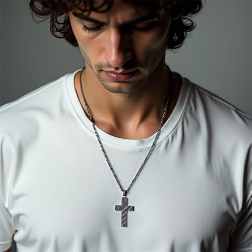 American Flag Cross Necklace for Men with Bible Verse Joshua 1:9 Black Silver Tone Stainless Steel Christian Pendant Necklace Box Chain3