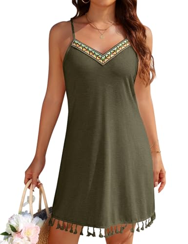 Vijamiy Vestido Playa Mujer Vestidos Playeros Verano Cuello en V Sexy Bikini Cover Up Casual Beach Wear Mujer (Verde Militar,XL)