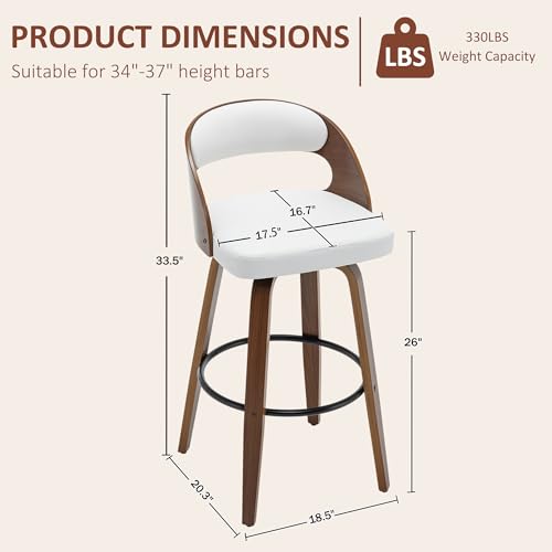 Image of AQG Swivel Bar stools Set of 1 Bar Chairs 26 inch Counter Height Mid-Century Modern Bentwood Barstool PU Leather Upholstered Bar Chair with Back and Footrest, for Bar, Cafe, Dining, Kitchen Island, White