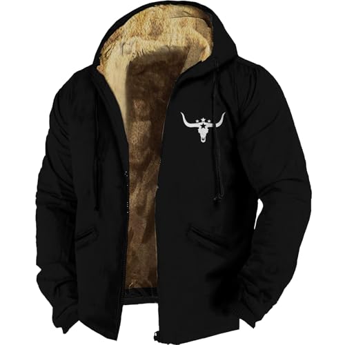 HOTYD Western Cowboy Jackets for Men Big and Tall Fleece Jackets for Men Long Sleeve Drawstring Oversized Jackets Retro Graphic Aztec Jacket Men Winter Jackets Sherpa Lined Coats A-Black L