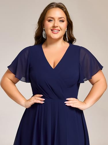 Image of Ever-Pretty Women's Summer V Neck Short Sleeves Chiffon Elastic Band Back Midi High Low Plus Size Formal Wedding Guest Dress Navy Blue US20
