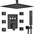 WHSHOWER Matte Black Shower System with Body Jet 12 Inch Ceiling Temperature Display Shower Faucets Sets Complete Push Button Full Body Rain Shower Fixtures Combo Contain Rough-in Valve Body and Trim