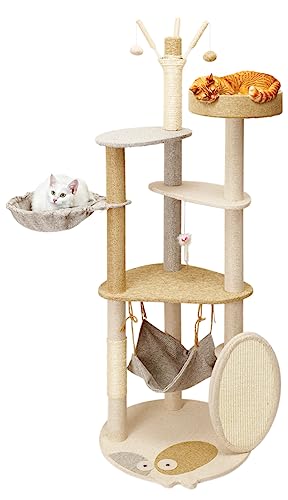 Cat Tree For Indoor Cats, 57.09" Tall Cat Tower, 5-Level Large Floor To Ceiling Cat Tree With Scratching Post, Perch, Hammock, Hanging Cat Bed #TOP23