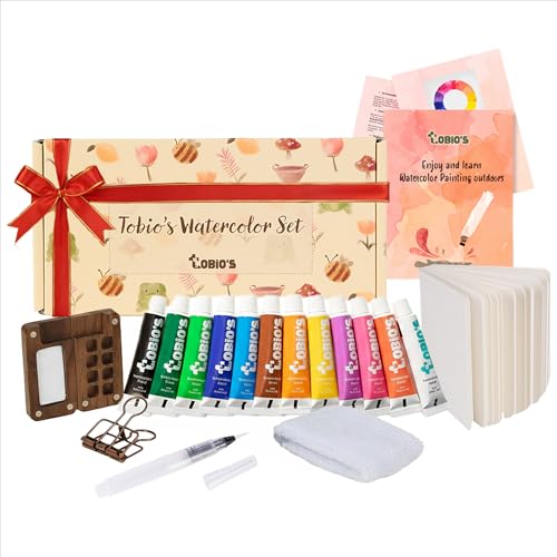Original Tobios Mini Wooden Watercolor Paint Set – Compact Travel Art Kit with 12 Colors, Refillable Brush & Sketchbook – Unique Creative Gift for Birthdays, Holidays & Art Lovers