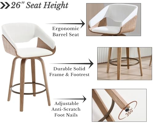 Image of 26'' Modern Barrel Swivel Counter Stools Counter Height Swivel Bar Stools with Backs Set of 6, White Linen Upholstered Bar Height stools, Farmhouse Solid Wood Barstools for Kitchen Island, Home Bar