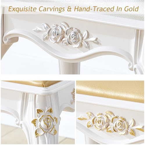 Vintage Upholstered Vanity Stool, Round Makeup Chair with Carved Legs, Elegant Accent Bench for Bedrooms, Gold Leather Dressing Seat, Stylish Ottomans for Home Decor