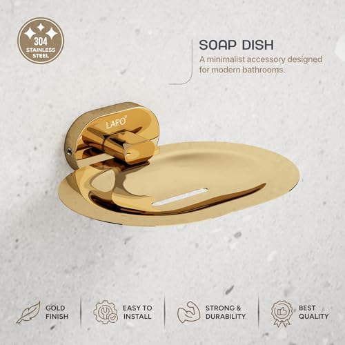 Image of LAPO 304 Stainless Steel Single Soap Holder for Bathroom, Wall Mounted Soap Dish with Drain Tray for Wash Area, PVD Gold Finish, 25 Years Warranty, Pack of 1 - KIK
