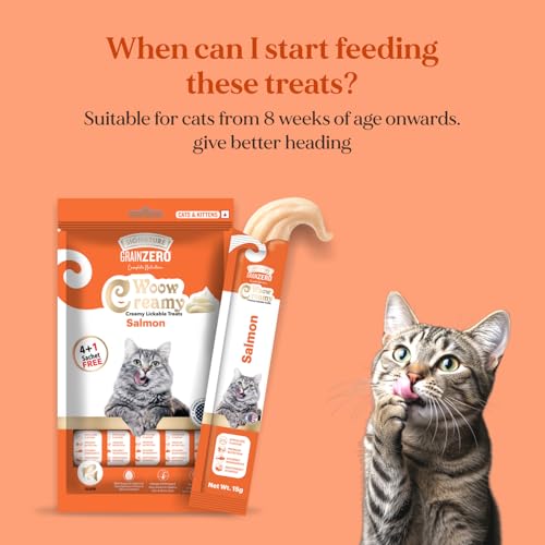 Image of Grain Zero Creamy Lickable Cat Treats (75g x 5 Pouches) Total 375g | Salmon | Promotes Hydration | No Artificial Preservatives | Best for Training & Bonding | for Kitten & Adult