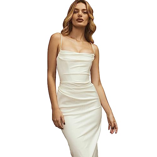 KBRPEY Vestido Mujer Elegante Camisola Vestidos de Fiesta Mujer Elegantes Vestido Confort Vestidos Verano Mujer Blanco Sexy Vestido Largo con Espalda Baja(Blanco S)