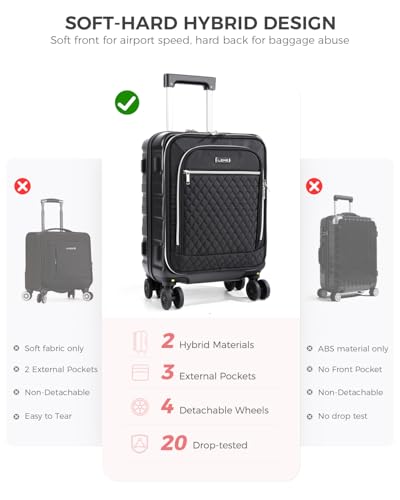 Lekebobor 18 Inch Carry On Luggage Airline Approved, Hybrid Soft Hard Shell Travel Suitcase with Removable Spinner Wheels, TSA Lock, Front Pocket for Women, Black2