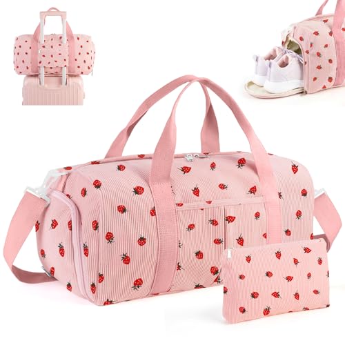 2PCS Cute Gym Bag for Girls Corduroy Duffle Bag with Wet Pocket & Shoe Compartment and item bag Duffle Bag for Travel Sports Fitness & Workout