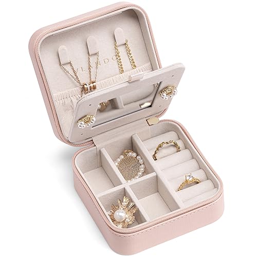 Vlando Small Travel Jewelry Box Organizer - Display Case for Girls Women Gift Rings Earrings Necklaces Storage with Mirror, Pink Classic Classic-pink