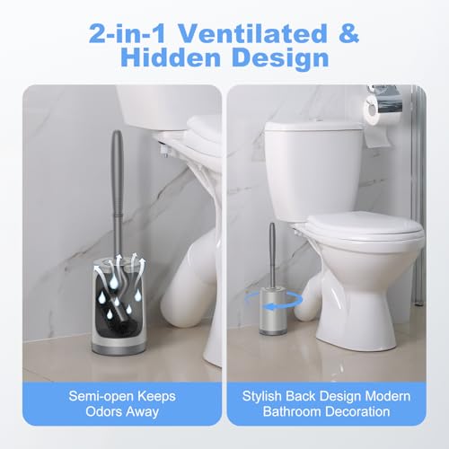 Image of HAMITOR Toilet Bowl Brush Holder Set: Curved Design with Holder for Deep Cleaning Under Rim - Compact Hidden Cleaner Scrubber for Small Space - Home RV Bathroom Accessories - Gray 2 Pack