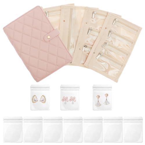 ZJRDYYK Pasta portátil de armazenamento de joias, estojo organizador de joias de viagem de couro sintético, fichário impermeável com bolsa com zíper para colar e pulseira feminina (rosa, 11)