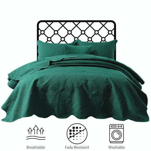 IR Imperial Rooms Queen Quilt Bedding Set Size (90" x 96") + 2 Pillow Shams (20" x 26"+ 2") - 3 Pcs All Season Lightweight Reversible Microfiber Coverlet Floral Embossed Quilt Bedspread (Emerald)