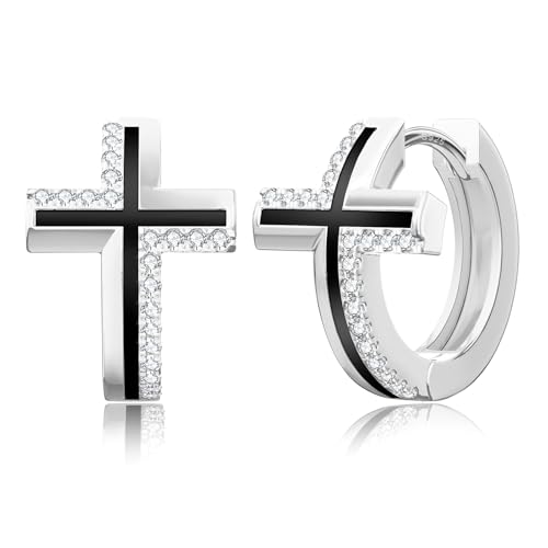 KRKC&CO Hoop Earrings Men with Cross, Black and Silver 14K Gold Plating Cubic...