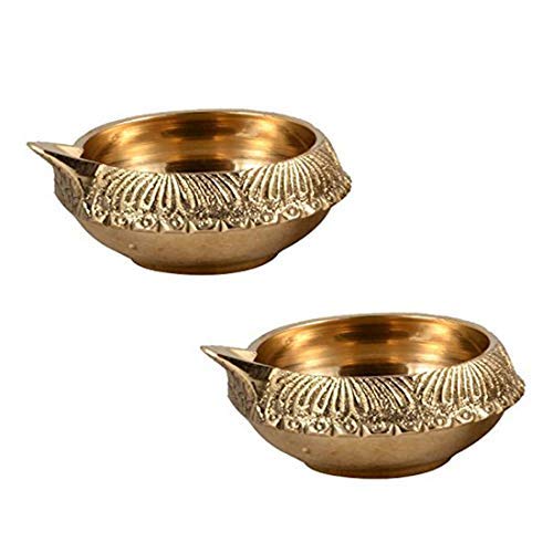 Hashcart Indian Pooja Kuber Diya Brass Diya Puja Oil Lamp [ Pack of 2 Pc ] Diya Lamp for Puja - Kutthu vilakku nilakku Deepam for Diwali Decorations - Diwali Gifts ®