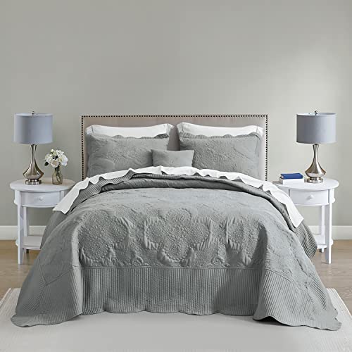 Image of HZ & HY Oversized King Bedspreads, Stitched Damask, Ultimate Gray | Generous Coverage, 5-Piece Quilt Set, Lightweight Reversible Coverlet, Scalloped Edge, King /Cal King