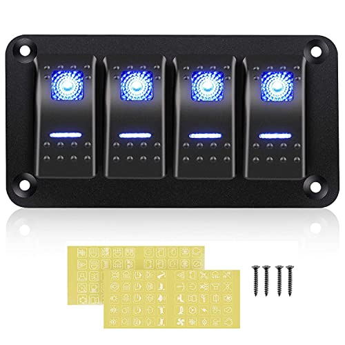 PAIRIER 4 Gang Panel de Interruptores Basculantes, 12V / 24V Rocker Switch Panel de Encendido/Apagado de 5 Pines con Luz LED Azul Impermeables, para Coches, Barcos, Yates, Caravanas, Camiones