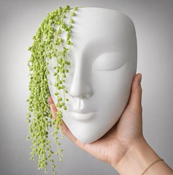 Lady Face Wall Hanging Planter | Abstract Head Vase for Succulents & Indoor Plants | Living Room Wall Decor | Housewarming Gift | Size: 7" H x 5" W Inches (18x13 cm) (White) (Plastic) (White)-image-14