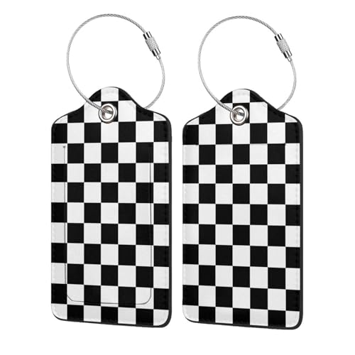 2P Black White Plaid Lines Race Grid Checkered Flag Luggage Tags Privacy Cover ID Label with Stainless Steel Loop and Address Card for Travel Bag Suitcase Funny Cute Man Women Kids