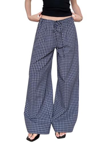 Women's Y2K Pants Drawstring Low Rise Wide Leg Plaid Pants Trendy Baggy Lounge Gingham Trousers with Pockets