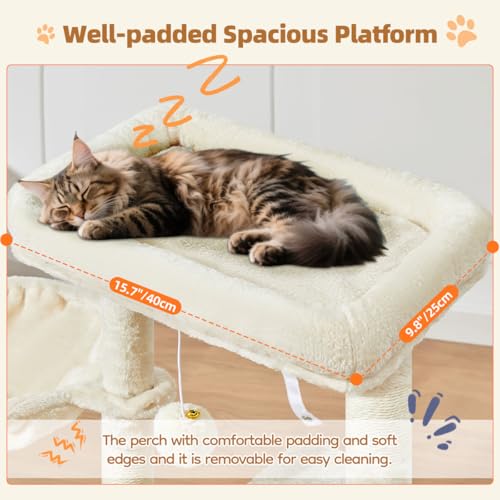 Image of Taoqimiao Cat Tree, 38.5In Cat Tower for Indoor Cats, Suitable for Kittens | Thick Padded Top Perch, Luxurious Cat Condo, Adjustable Basket, 1-Piece Ramp Scratcher, 3 Natural Sisal Posts, Beige, MS029SM