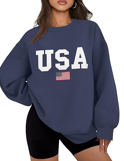 Lacozy Womens Oversized USA Sweatshirt Crewneck American Flag Sweater Long Sleeve Loose Fleece Top 4th of July Outfit