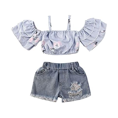 Yerwach Baby Girls Summer 2PCS Clothes Set Casual Off Shoulder Floral Ruffle Crop Tops+Ripped Denim Shorts Kids 2Pcs Casual Outfits (Blue, 18-24 Months) Cover