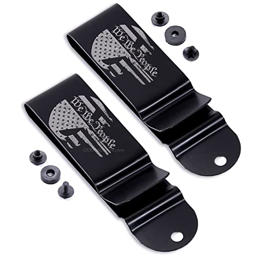 Holstex Universal Metal Belt Clips - (Black) - (w/Punisher Skull - We The People Engraving) - (w/Mounting Hardware) - (2 Pack) - Replacement Steel Pocket Clips