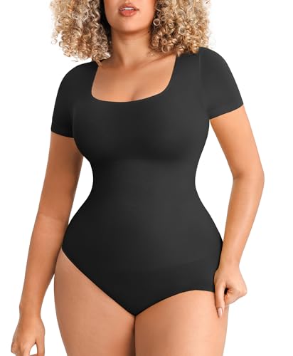 FeelinGirl Short Sleeve Bodysuit for Women Shapewear Compression Body Suit Seamless Square Neck Date Night Outfit Black M/L