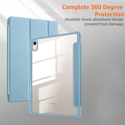 Image of Amazon Basics Smart Case for Apple iPad Air 11 Inch M2 2024, Air 6th /5th Gen 2022 /4th Gen 2020 | Trifold Stand with Pencil Holder, Transparent Back Flip Cover (Sky Blue)