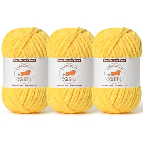 Image of 3 Pack Light Yellow Fluffy Velvet Yarn for Crocheting, Chunky Chenille Baby Blanket Yarn for Crocheting, Soft Fuzzy Puzzle Yarn for Knitting,(100g /3.53oz Each) Bulky Thick Amigurumi Crochet Yarns