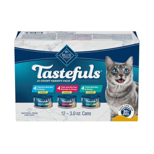 Blue Buffalo Tastefuls Flaked Adult Wet Cat Food Variety Pack (Tuna, Chicken, Fish & Shrimp), Natural Ingredients Enhanced with Vitamins, Minerals & Other Nutrients, 3-oz. Each (12 Cans)