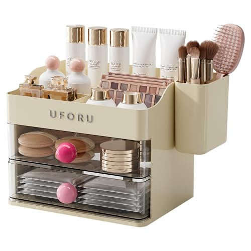 Image of UFORU Makeup Organizer for Vanity with Brush Holder, Countertop Skincare Organizer with 2 Drawers, Spacious Cosmetic Display Case for Perfumes, Eyeshadow Palettes, Nail Polishes