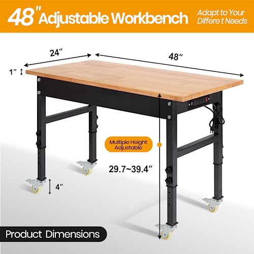 Rubber Wood Top Heavy-Duty Workstation,48\"/60\'\' Adjustable Workbench with Power Outlet, with Wheels,2000 LBS Load Capacity Hardwood Worktable, for Workshop, Garage, Home, Office (with Socket, 48\'\')
