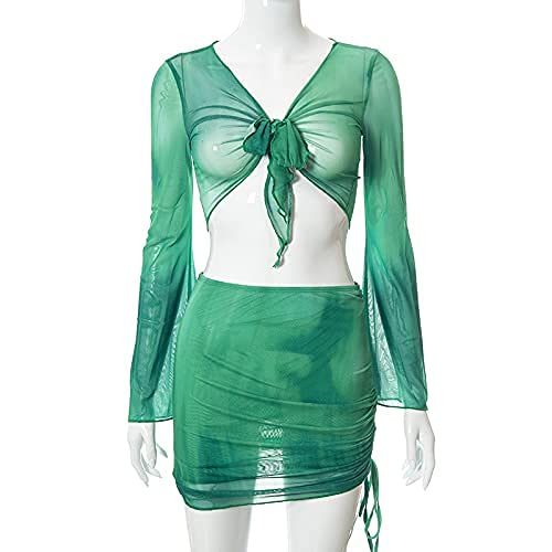 Image of Women's Sexy Long Sleeve 2 Pieces Sheer Mesh Cover Up Dress Crop Top Bodycon Ruched Y2K Mini Skirt Sets