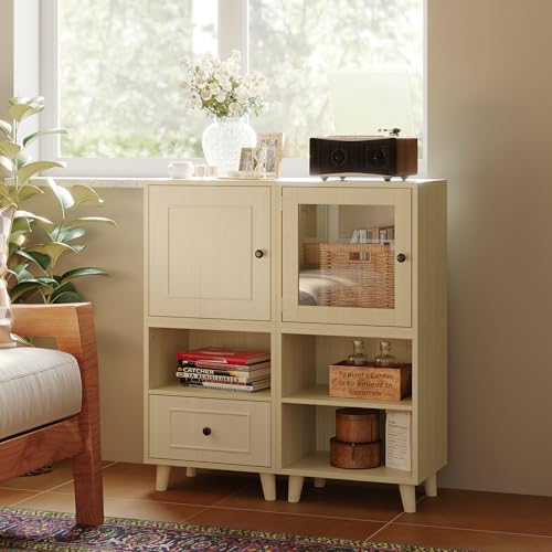 PREMTURE Vitrina de cristal con puerta de madera y patas de madera maciza, pequeño armario con puerta de cristal y frente de cajón en diseño de marco, armario de almacenamiento de MDF y vidrio