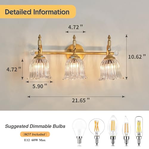 Image of CVKASH 3-Light Bathroom Vanity Light Fixtures Over Mirror,Brushed Gold Modern Vanity Lights with Glass Shade Vintage Wall Sconce for Bedroom Dressing Room Living Room Hallway Cabinet